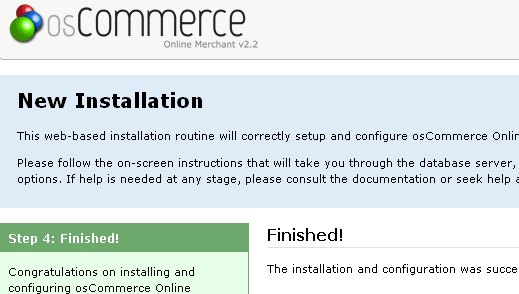 установка osCommerce завершена
