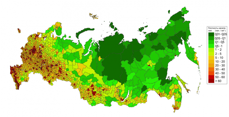 Плотность населения России по территории