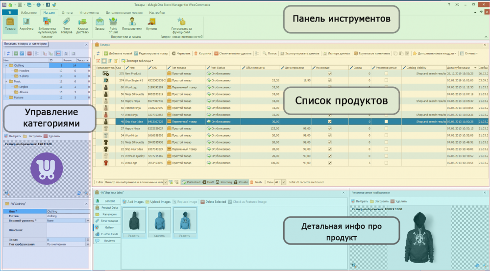 главное окно программы для управления Интернет-магазинов WooCommerce